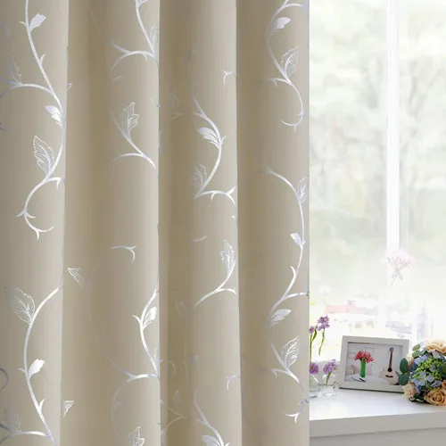 Vista 4 de BUHUA Juego de 2 paneles de cortinas opacas con estampado de vid plateada, cortinas con aislamiento térmico para oscurecer la habitación, con Aqua