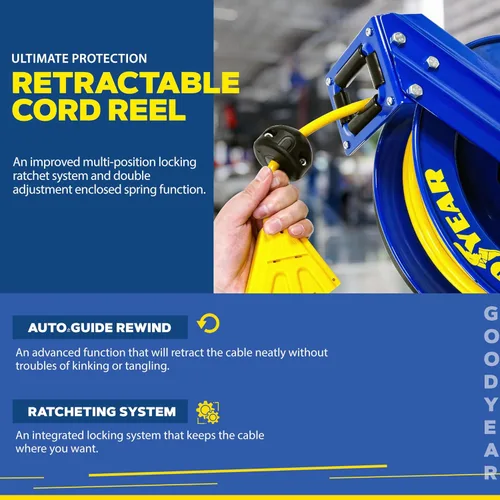 Vista 7 de Goodyear Carrete de cable de extensión retráctil de 14 AWG x 100 pies 3C SJTOW Cable SJTOW Conector triple Clasificación de potencia 125 voltios CA