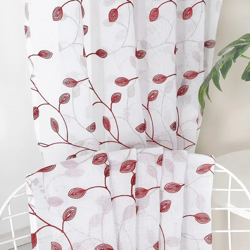 Vista 6 de Cortinas Tollpiz translúcidas, con diseño de hojas bordadas, para dormitorio, de lino sintético, para sala de estar, juego de 2 paneles