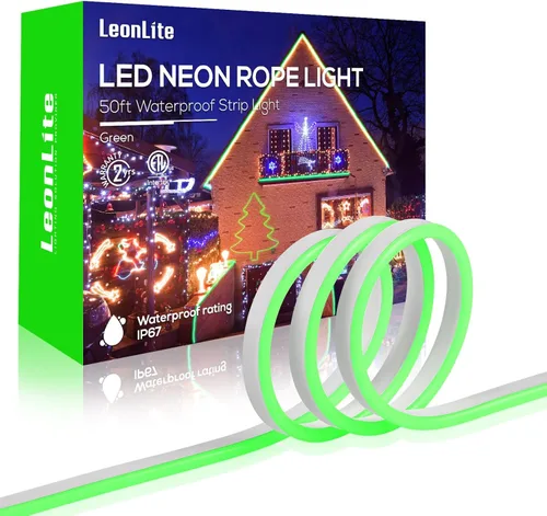 LEONLITE Tira de luces LED de neón de 50 pies, resistente al agua IP67 para exteriores, decoración de festivales de Navidad, enchufe UL de 120 V,