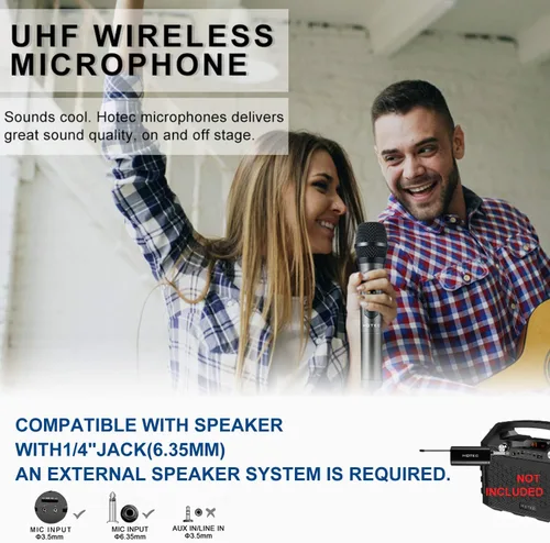 Vista 4 de HOTEC UHF Micrófonos Inalámbricos Duales de Mano con Receptor Mini Portátil Recargable con Salida de 1/4" para Presentaciones en Vivo a través