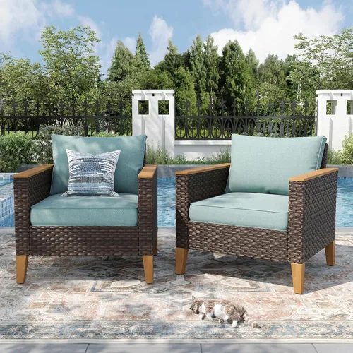 Vista 10 de PHI VILLA Otomana de mimbre para patio, 2 piezas, asiento otomano de mimbre para todo tipo de clima, reposapiés para exteriores con cojines