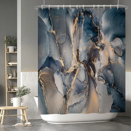 Vista 9 de Baocicco Cortina de ducha de mármol azul abstracto a rayas, decorativa, textura de lujo, línea moderna, decoración de acuarela, juego de cortinas