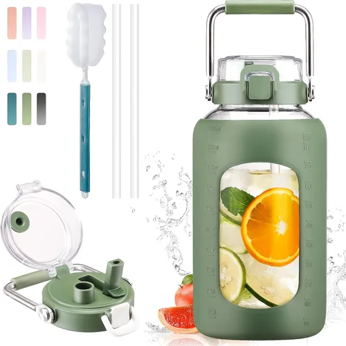 Vista 14 de BLUEGO Botella de agua de vidrio de 64 onzas con mango de acero inoxidable, botella de agua grande con marcadores de tiempo y funda de silicona