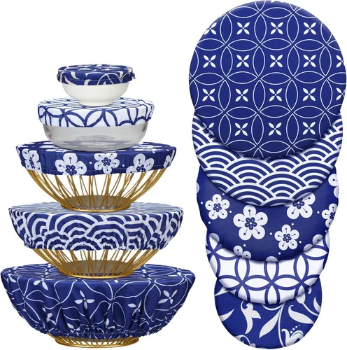 Vista 7 de Patelai 10 fundas reutilizables para tazones en 5 tamaños, tela elástica, fundas elásticas para tazones de almacenamiento de alimentos, tapas