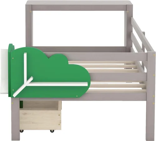 Vista 18 de Anwick Base de cama individual con escritorio y nido, sofá cama de madera con escritorio y estantes en forma de árbol verde, cama de plataforma
