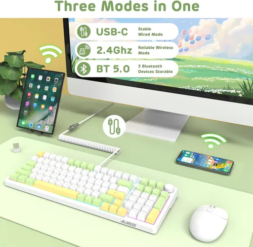 Vista 2 de AJAZZ - Teclado mecánico inalámbrico de 99 teclas con cable en espiral, Bluetooth 5.02.4Gteclado para juegos con cable, teclado de interruptor azul