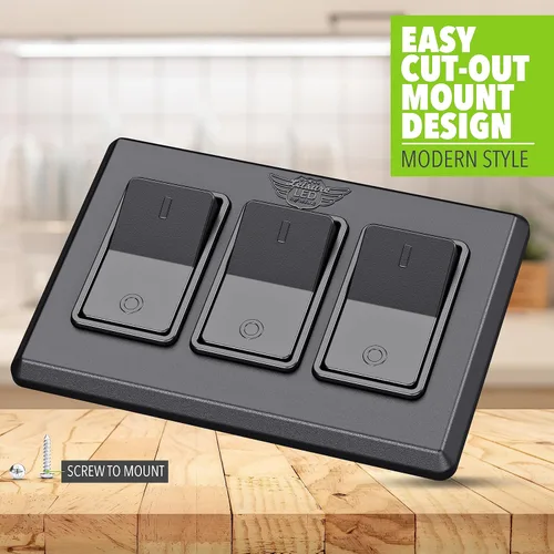 Vista 4 de Leisure LED Moderno interruptor de encendido y apagado triple SPST con bisel, 12 voltios, para RV, remolque, cámper, con etiqueta adhesiva (negro)