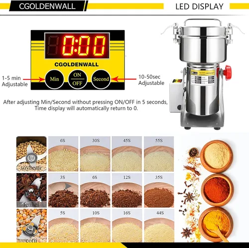 Vista 3 de CGOLDENWALL Molinillo de grano con pantalla LED, 88.18 oz, molinillo eléctrico de especias de alta velocidad, máquina de polvo de motor comercial