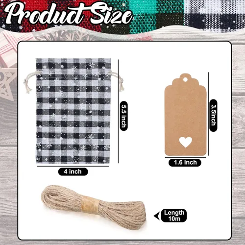 Vista 3 de Shappy 48 bolsas navideñas con cordón ajustable, bolsas de dulces de arpillera a cuadros búfalo de Navidad, saco de golosinas de lino, bolsa