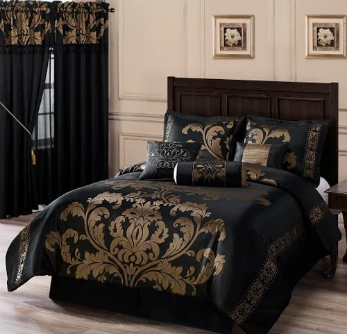 Vista 20 de Chezmoi Collection Juego de edredón floral de jacquard Royale de 7 piezas, matrimonial/doble, negro/dorado