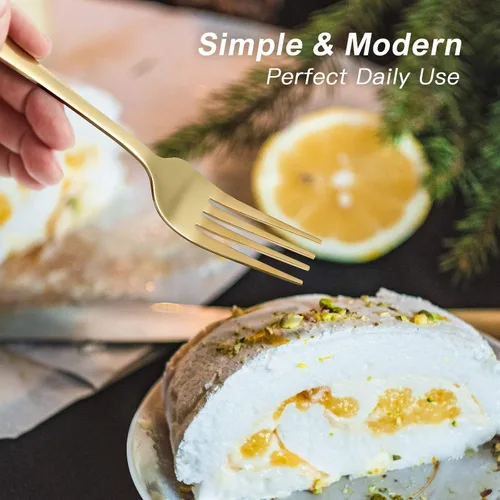 Vista 6 de Juego de cubiertos dorados de acero inoxidable, 20 piezas, acabado espejo dorado, utensilios de cocina para 4, incluye cuchillo, tenedorcuchara