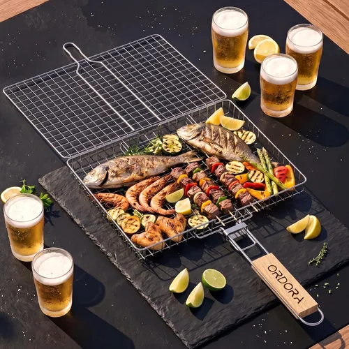 Vista 6 de ORDORA Cesta para parrilla, cesta para parrilla de pescado, cesta de barbacoa de acero inoxidable resistente al óxido para carne, bistec, etc.