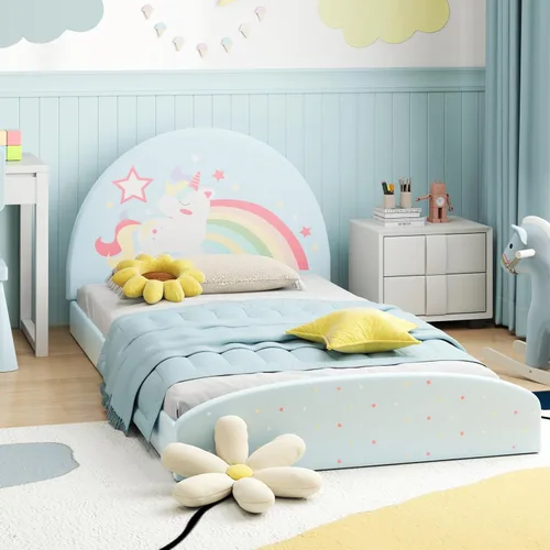 Costzon - Base de cama individual para piso, cama tapizada para niños con alfombra de tela Oxford 210D, soporte central y tablas acolchadas, cama de