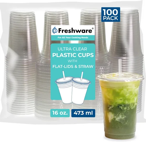 Vista 8 de Freshware Vasos de plástico desechables transparentes de 12 onzas con tapas planas y popotes, paquete de 100 vasos de plástico transparente, vasos