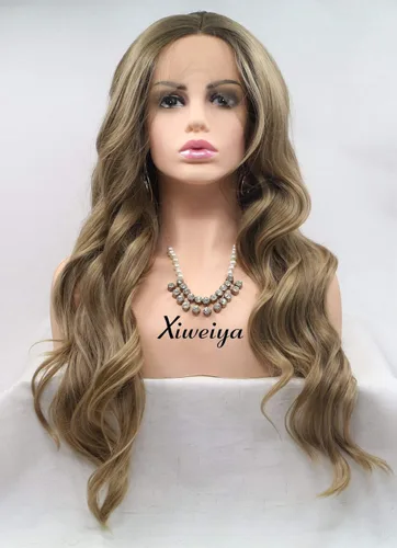 Vista 16 de xiweiya Peluca larga y rizada negra natural ondulada 1b# negro sintético con encaje frontal, resistente al calor, peluca de línea capilar natural