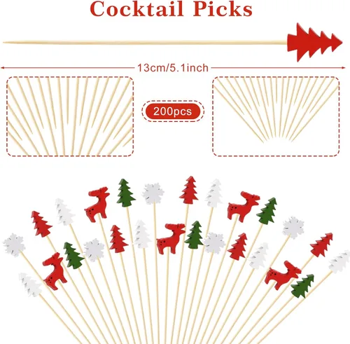 Vista 2 de Whaline 200 palillos de cóctel de Navidad, árbol de Navidad, copo de nieve, alce, palillos de dientes para aperitivos, brochetas de frutas, palillos