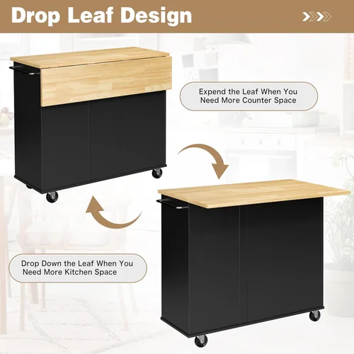 Vista 4 de Shintenchi Isla de cocina con hoja plegable, mesa de isla enrollable con almacenamiento, armario de cocina con ruedas con área de asiento para Negro