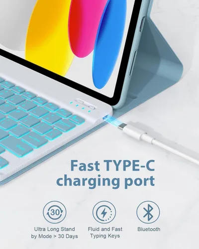 Vista 7 de Funda de teclado para iPad de 11ª / 10ª generación, 7 colores retroiluminados, inalámbrico, desmontable, para iPad de 11 pulgadas, A16 2025/10ª