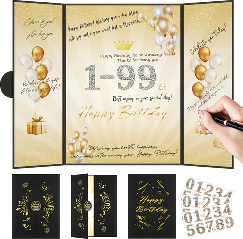 Pranski Decoraciones de fiesta de feliz cumpleaños del 1º al 99 de oro negro de 18 x 12 pulgadas, libro de invitados de cumpleaños para hombres y
