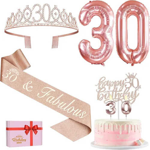 Vista 33 de Decoraciones de cumpleaños número 17 para niña, incluyendo tiara y banda de cumpleaños de 17, decoración para pastel y velas, globos de números