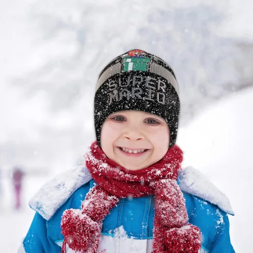 Vista 2 de Nintendo Gorro de invierno para niños, juego de guantes para niños, gorro Super Mario para edades de 4 a 7 años