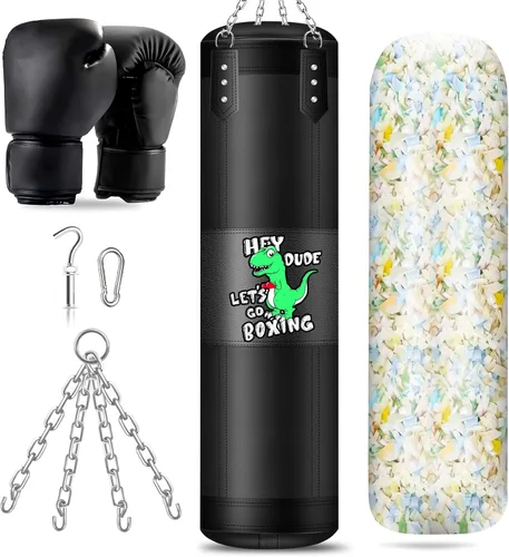 Vista 8 de Set de Saco de Boxeo para Niños, Saco de Boxeo Relleno de 0,84 m con Peso de 2KG y Esponja, Guantes de 6Oz, Saco de Boxeo Colgante para Niños, Boxeo