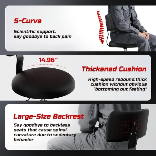 Vista 5 de Taburete Rodante de Taller con Ruedas, Silla de Garaje para Mecánicos con Altura Ajustable 39.5-46.5 cm, Asiento Giratório Resistente para Garaje