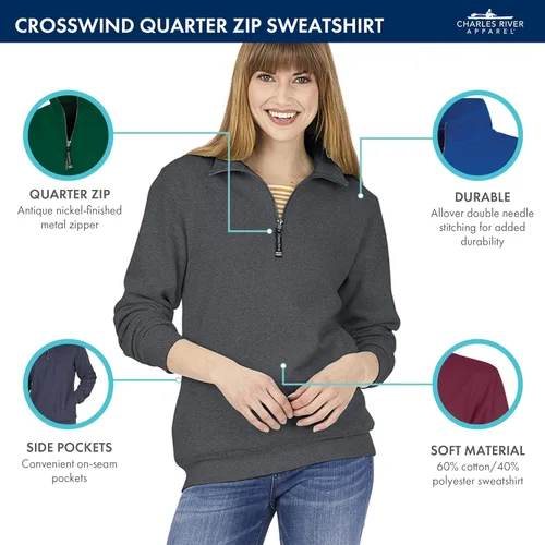 Vista 5 de Charles River Apparel Unisex Crosswind Quarter Zip, Mens and Womens Soft Cotton Blend Sweatshirt, Oatmeal Heather, 3X-Large
