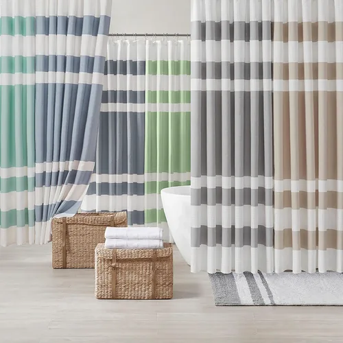 Vista 8 de Cortina Madison Park Spa Waffle de ducha con tela combinada y tratamiento 3M Scotchgard para control de humedad, decoración moderna para el baño