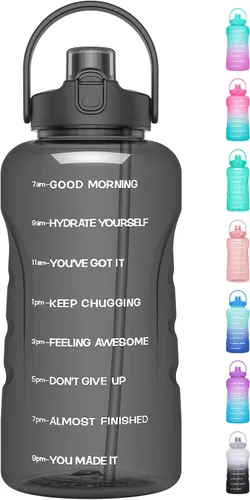 Vista 18 de Botella de agua de un galón con popote, 128 onzas (3.8 L), libre de BPA - Innovadora botella deportiva con tapa 2 en 1 con recordatorios