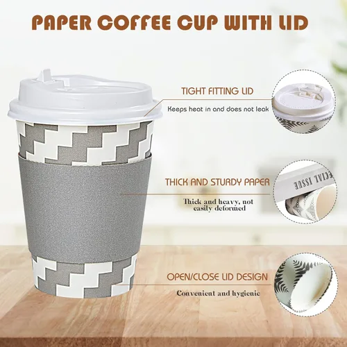 Vista 4 de LITOPAK - Paquete de 100 tazas de café de papel de 12 onzas con tapa, manga, agitadores