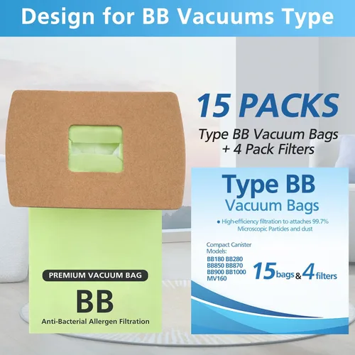 Vista 2 de Paquete de 15 bolsas compactas tipo BB de repuesto para Oreck XL Buster B bolsas de vacío PKBB12DW BB180 BB280 BB850 BB870 BB900 BB1000 MV160 con 4