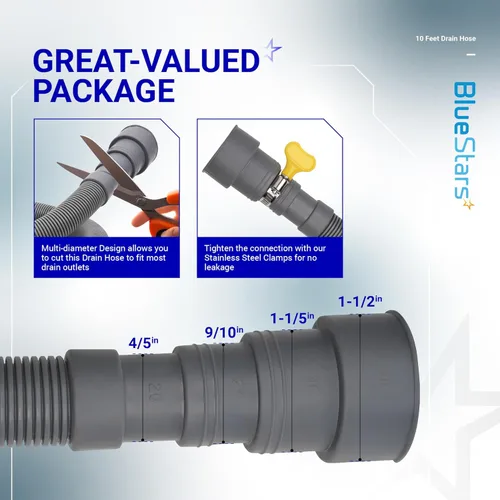 Vista 3 de BlueStars Manguera universal de drenaje para lavavajillas y lavadora de 10 pies - Kit de extensión corrugada flexible con 1 adaptador de extensión
