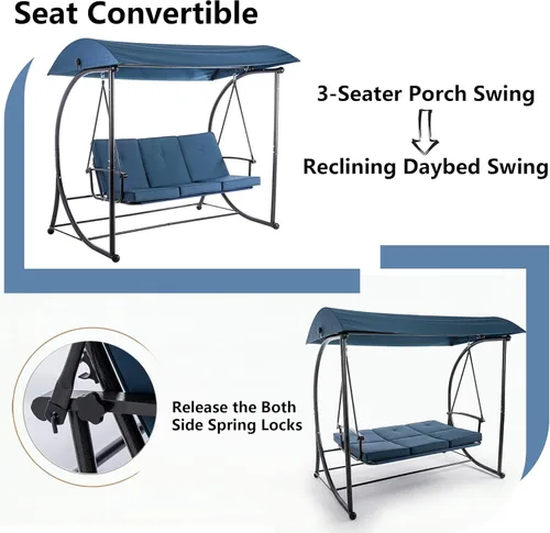 Vista 7 de Columpio de porche con toldo, columpios al aire libre con soporte, cama de columpio de patio con cojines, banco de columpio para 3 personas