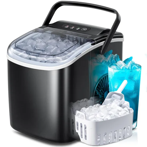 Crzoe - Máquina de hielo con asa para encimera, 26 libras/24 horas, 9 cubitos listos en 6 minutos, función de autolimpieza, con cuchara de hielo y
