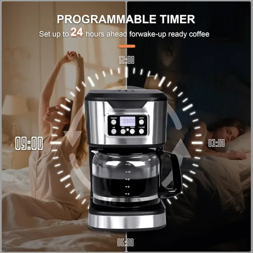 Vista 4 de Cafetera programable de 12 tazas, máquina de café de preparación y goteo, totalmente automática, ajuste de 1-4 tazas, de acero inoxidable, función