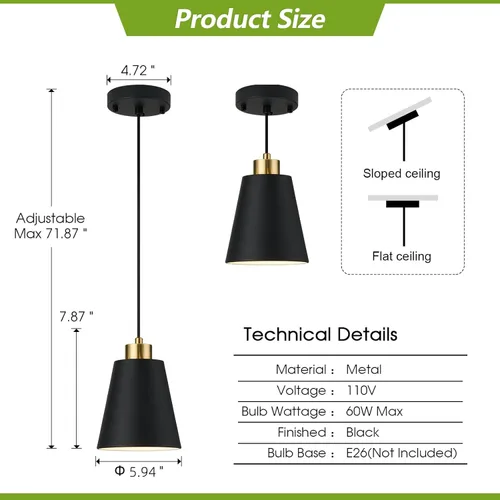 Vista 5 de Matte Black Mini Pendant Light 7.87in Cone Kitchen Island Pendant Lighting with Gold Modern Hollow Shade Hanging Light Fixture for Kitchen Dining