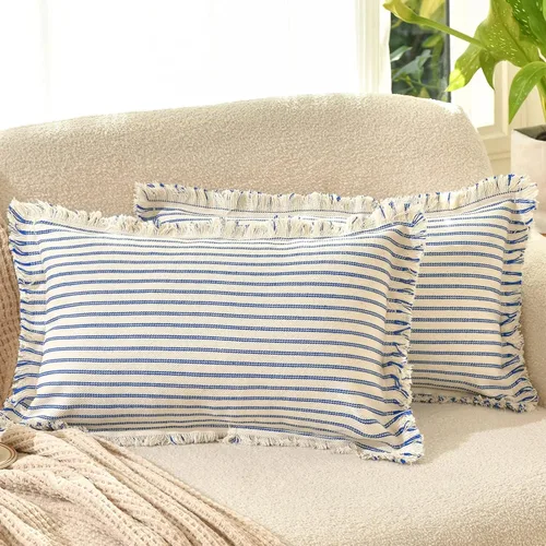 Vista 25 de Fundas de almohada ZWJD de 16 x 16 pulgadas, juego de 2 fundas de almohada a rayas con borlas, fundas de almohada de algodón chic, fundas de cojín