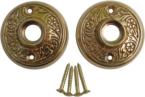 Vista 12 de Renovators Supply Manufacturing Par de rosetas de pomo de puerta de 2.38 pulgadas de latón antiguo decorativo para puerta