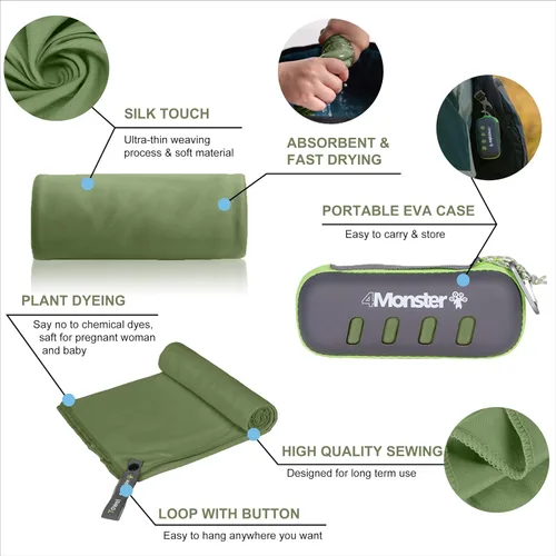 Vista 4 de 4Monster Toalla de camping súper absorbente, toalla de microfibra de secado rápido, ultra compacta y suave, toalla de viaje ligera para mochileros