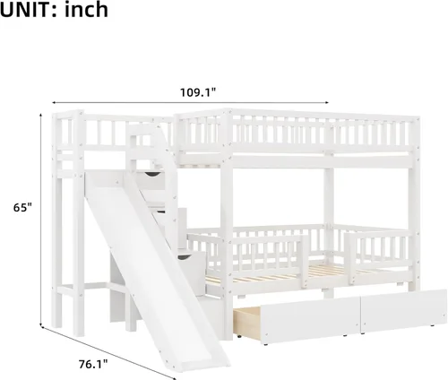 Vista 37 de Cama de casa de tamaño individual con elegantes ventanas y estantería, litera con diseño de castillo de madera con barandillas de seguridad