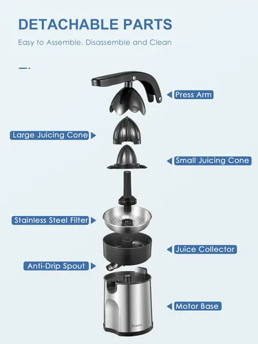 Vista 6 de Exprimidor Eléctrico de Cítricos, Exprimidor de Naranja con Dos Conos Intercambiables, Adecuado para Naranja, Limón y Toronja, Acero Inoxidable