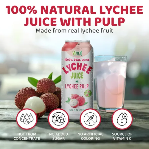 Vista 3 de VINUT Bebida de jugo de lichi 100% natural con pulpa, jugo de lichi real, sin gluten, sin OMG, 16.57 onzas líquidas, paquete de 24
