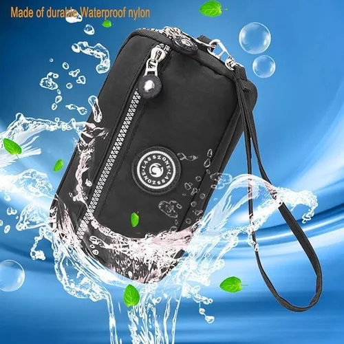 Vista 7 de Bolso de nailon para mujer con tres cremalleras, cartera larga de embrague para teléfono móviltarjetaefectivomonedasbilletes