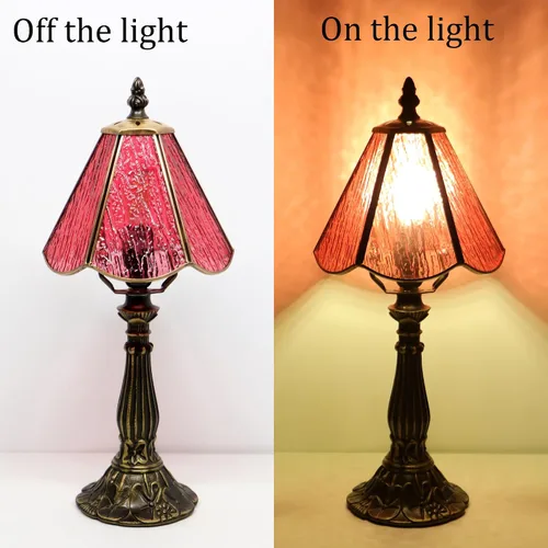 Vista 4 de Small Tiffany Table Lamp Pink Bark Pattern Style Stained Glass Desk Lamps 6X6X14 Inch Bronze Resin Base Antique Mini Accent Light