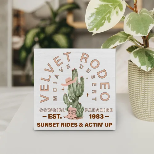 Vista 4 de Cartel de madera de cactus del oeste, decoración de escritorio, desierto, vaquera, cactus, caja de madera, letrero de bloque rústico para decoración