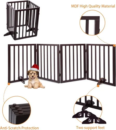 Vista 6 de Puerta independiente para mascotas para perros, corralito de madera para puertas, casa, barrera de seguridad plegable de madera para perros con 4
