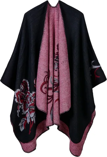 Vista 28 de Chal estilo poncho de frente abierta con patrón vintage para mujer, abrigo de invierno Serie 15-negro