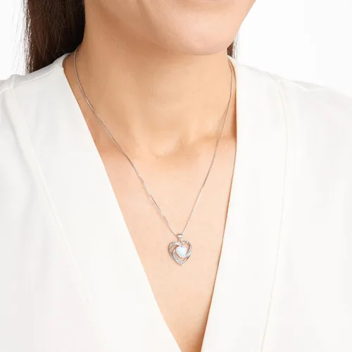 Vista 2 de Yaxa Essentials Collar con colgante de corazón abierto de plata de ley con ópalo y zafiro blanco, 18 pulgadas (anteriormente colección Yaxa)